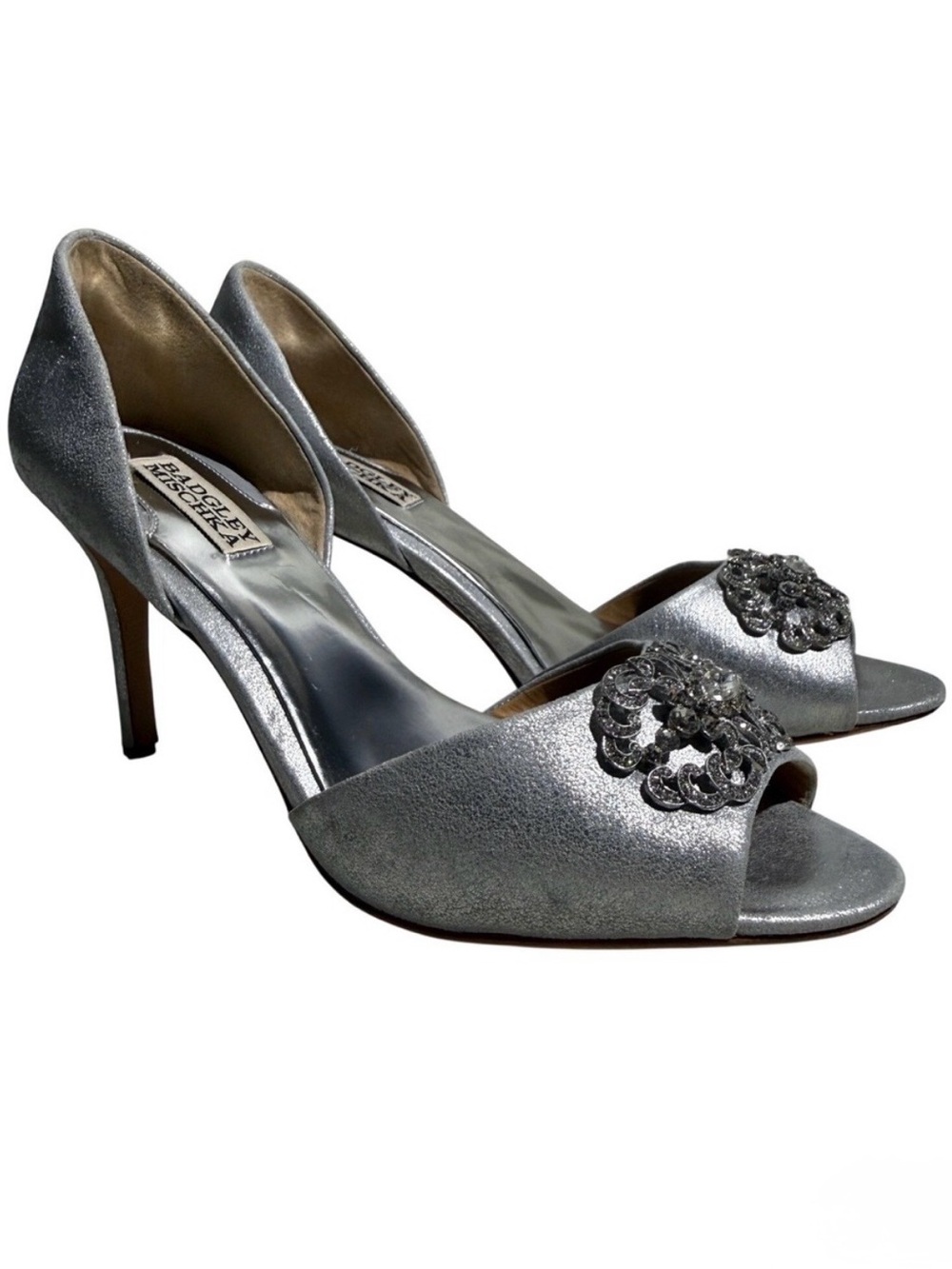 Badgley Mischka Silver Crystal Peep Toe Stiletto Heels Wedding‎ Shoes Cocktail